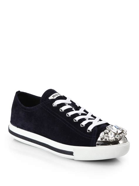 miu miu swarovski crystal cap-toe suede sneakers